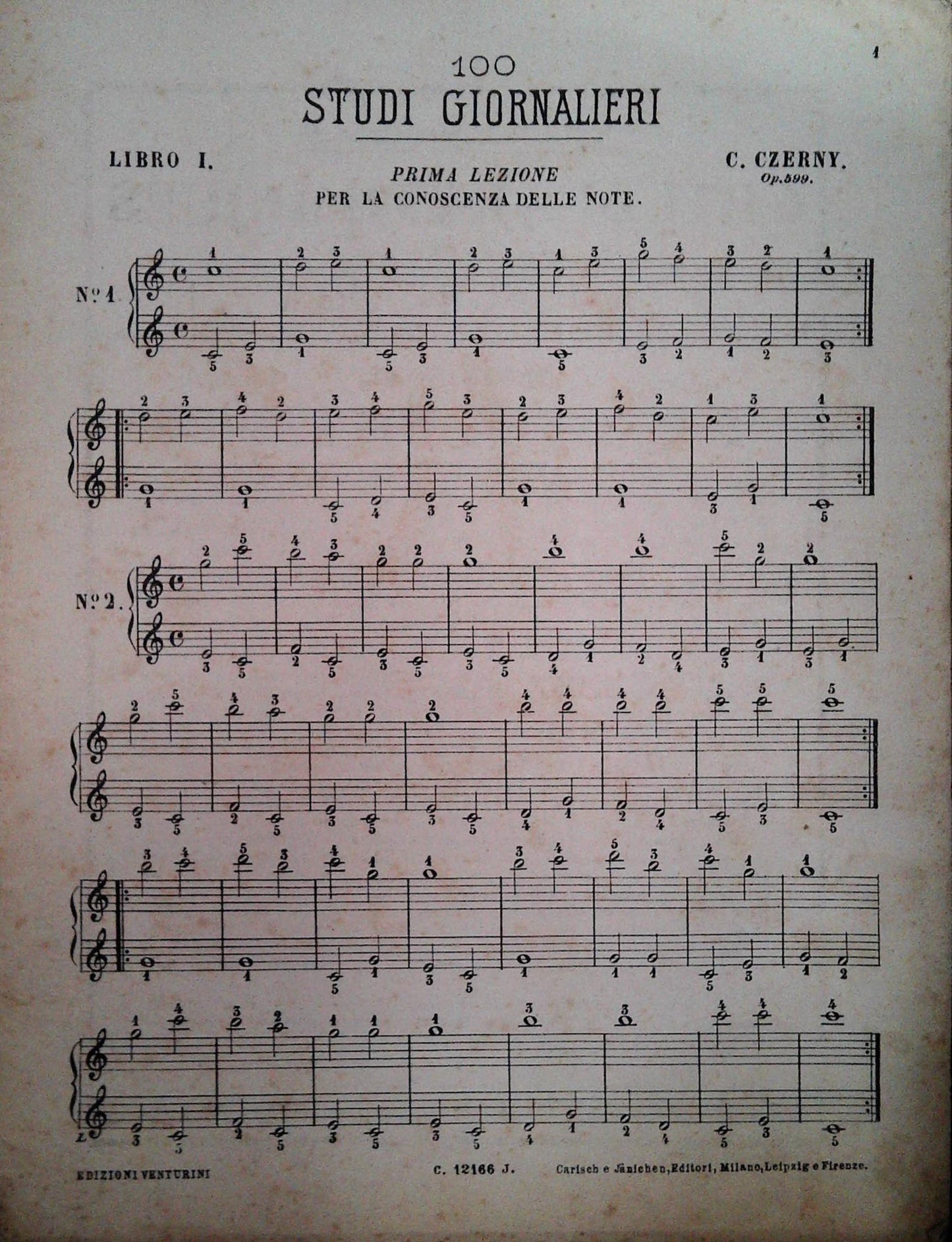 CZERNY. IL PRIMO MAESTRO DI PIANOFORTE - OP. 599 - PRIMA LEZIONE - SPARTITO