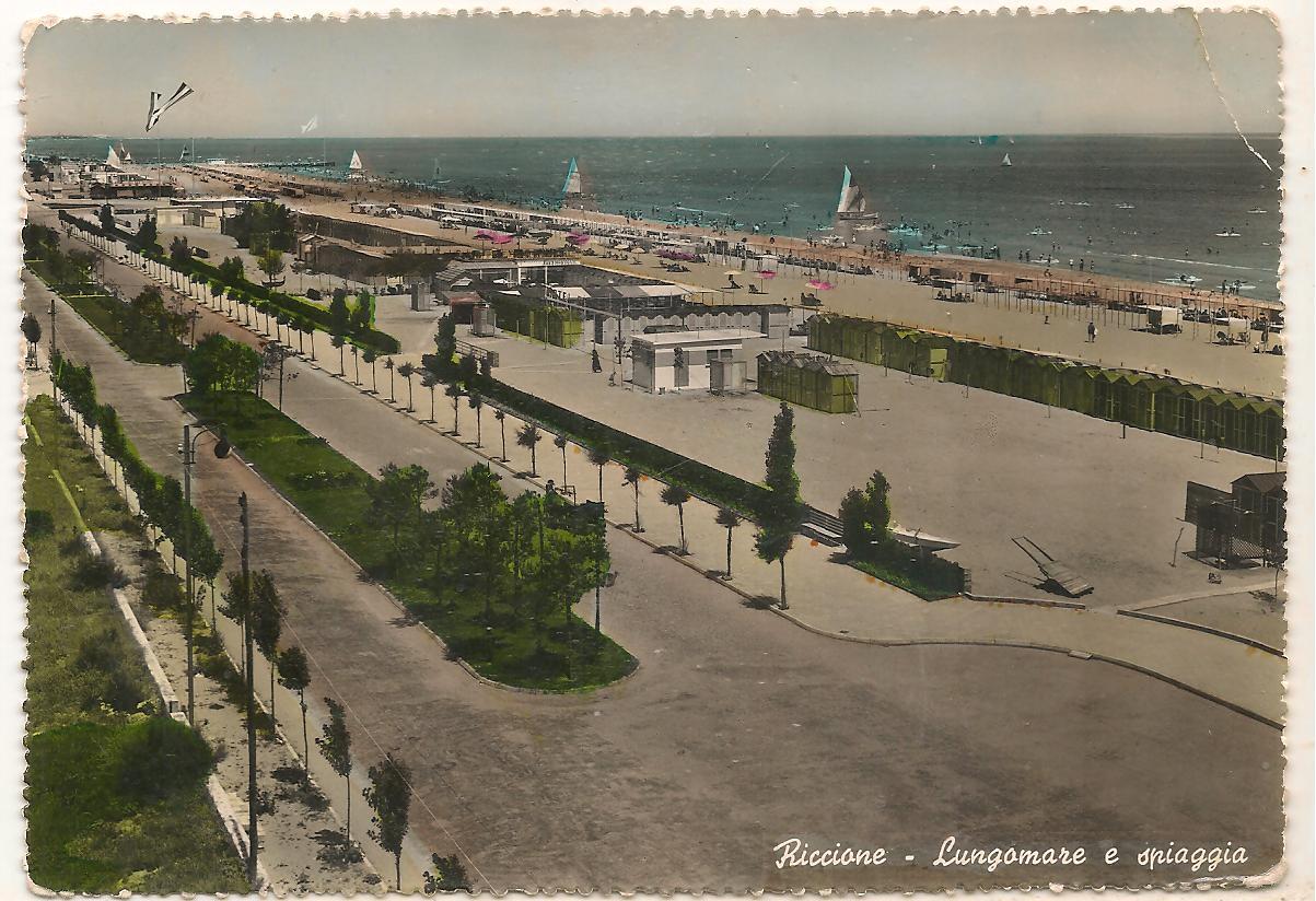 RICCIONE - LUNGOMARE E SPIAGGIA V1956 - ACQUARELLATA