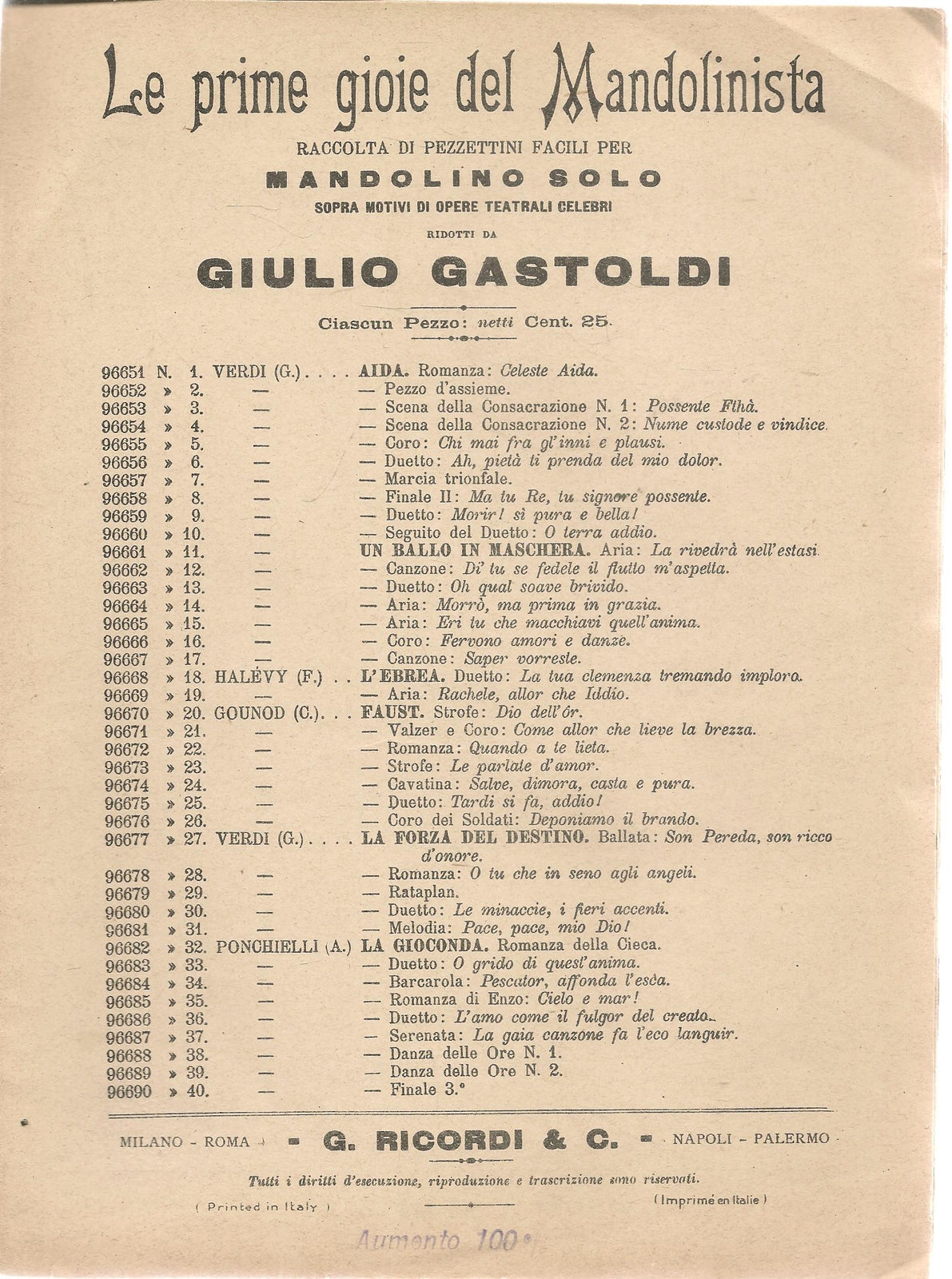 MEFISTOFELE. COLMA IL TUO CUOR D'UN PALPITO -SOLO MANDOLINO-SPARTITO-SHEET MUSIC