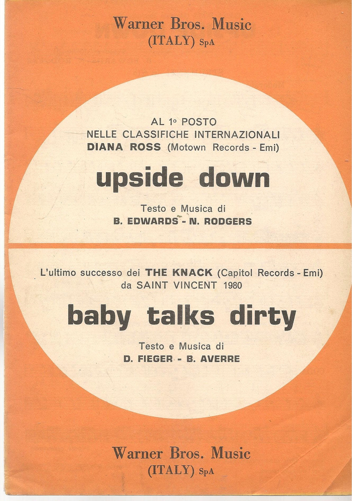 UPSIDE DOWN. DIANA ROSS - BABY TALKS DIRTY. THE KNACK - SPARTITO-SHEET MUSIC