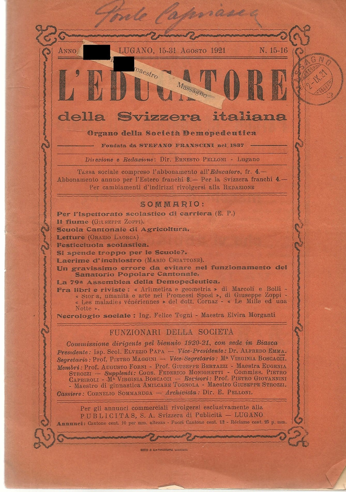 L'EDUCATORE DELLA SVIZZERA ITALIANA - 15-31 AGOSTO 1921