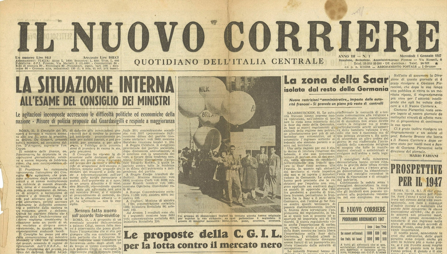 IL NUOVO CORRIERE 1 GENNAIO 1947 - SAAR - LOTTA MERCATO NERO -