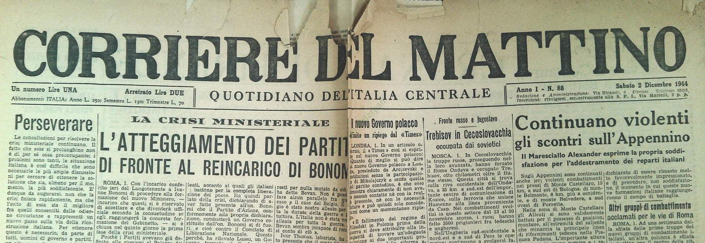 CORRIERE DEL MATTINO 2 DICEMBRE 1944 - REINCARICO BONOMI - COLONIA - APPENINO