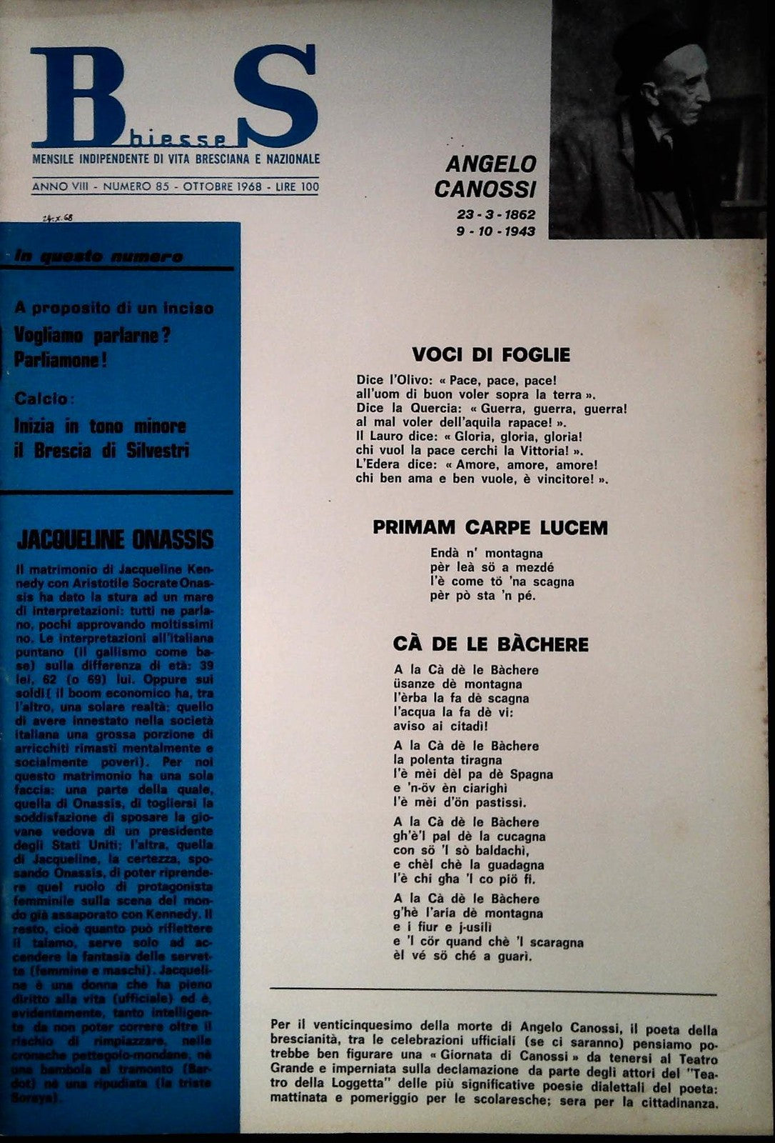 BS BIESSE - MENSILE DI VITA BRESCIANA E NAZIONALE - N. 85 OTTOBRE 1968