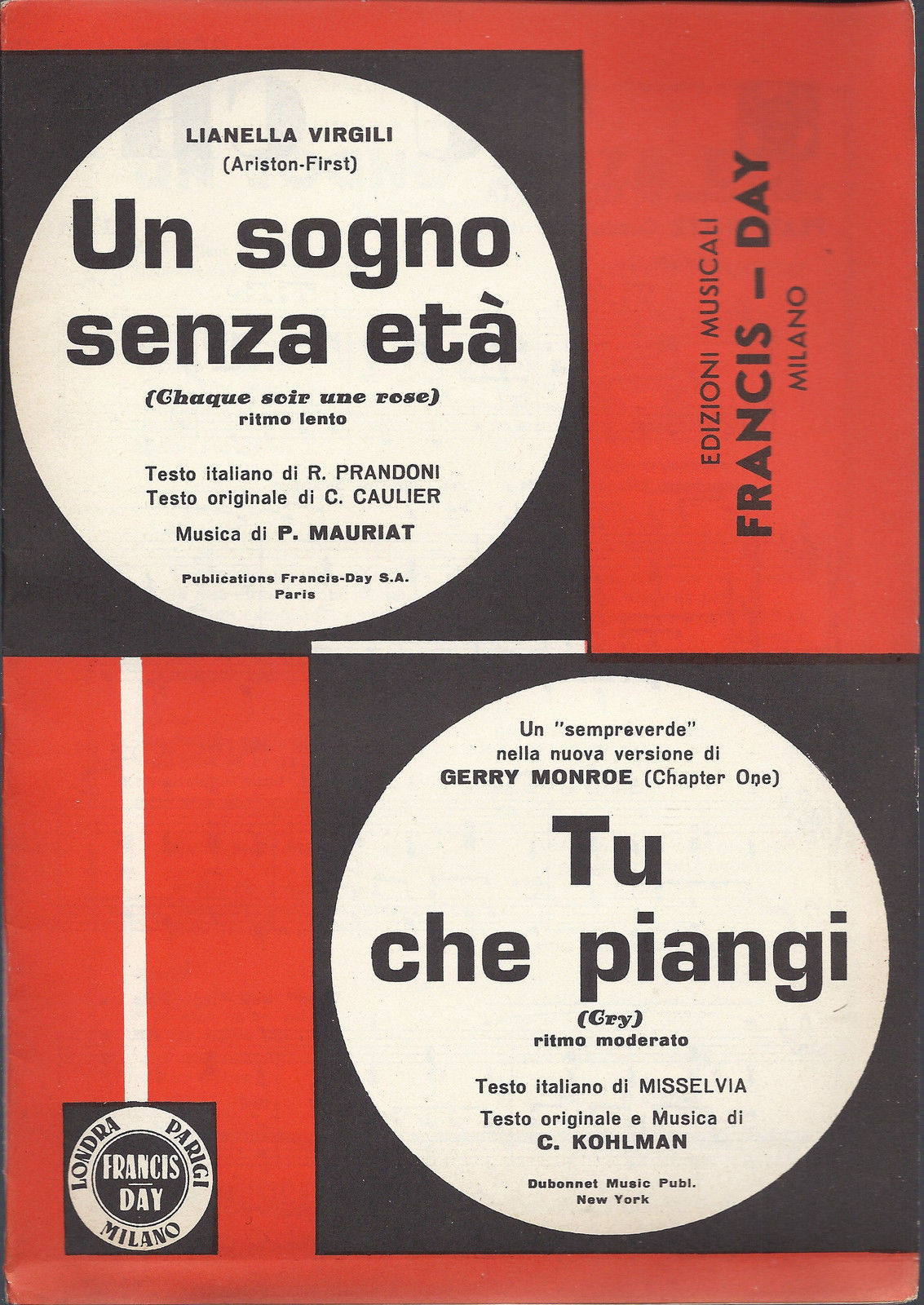 UN SOGNO SENZA ETA' (Chaque soir une rose) - TU CHE PIANGI (Cry) # SPARTITO