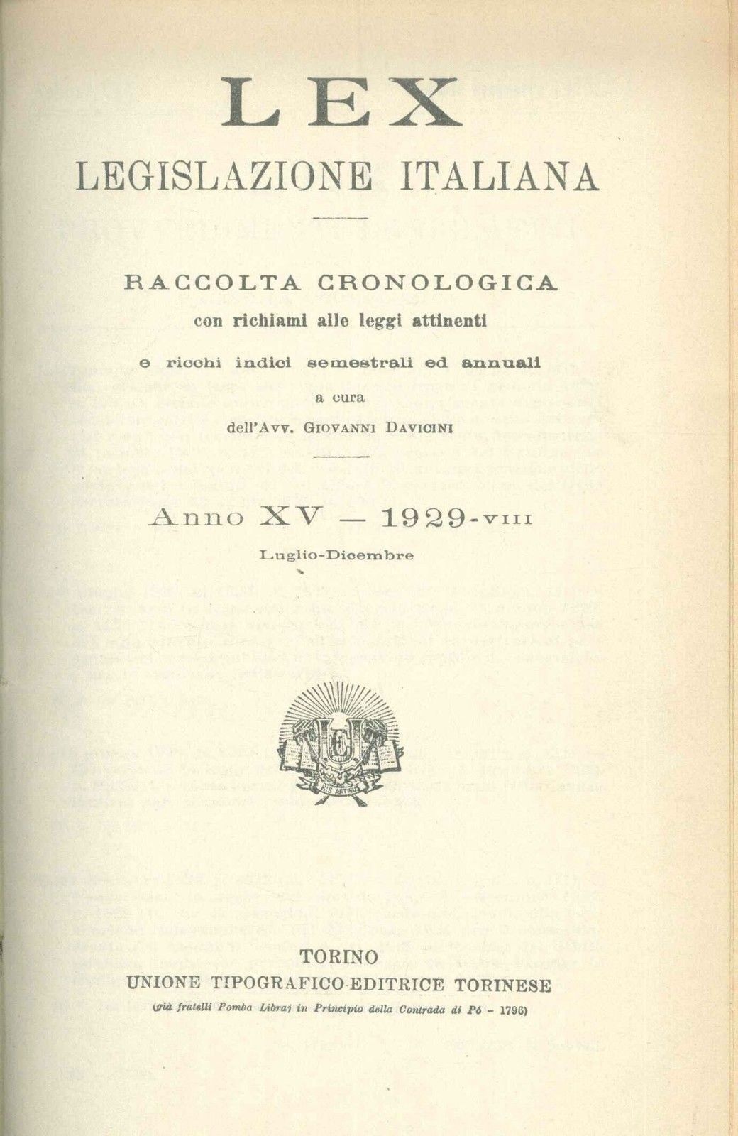 LEX - LEGISLAZIONE ITALIANA - 1929 - LUGLIO-DICEMBRE