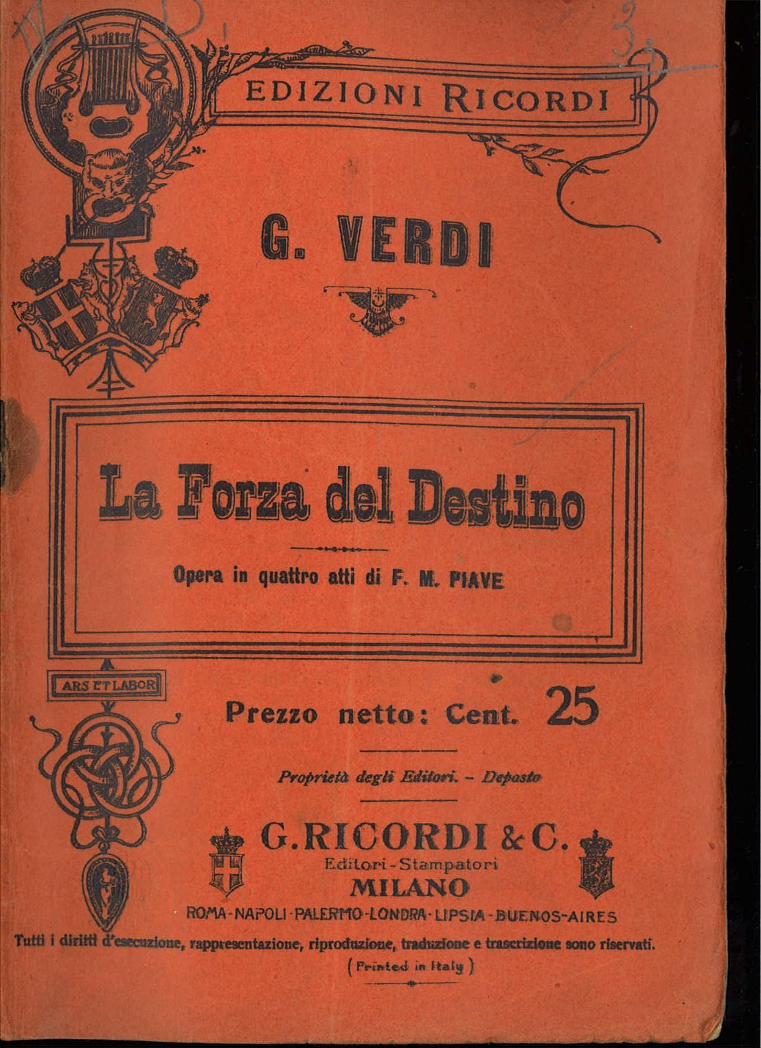 LA FORZA DEL DESTINO - G. VERDI-F.M. PIAVE LIBRETTO D'OPERA