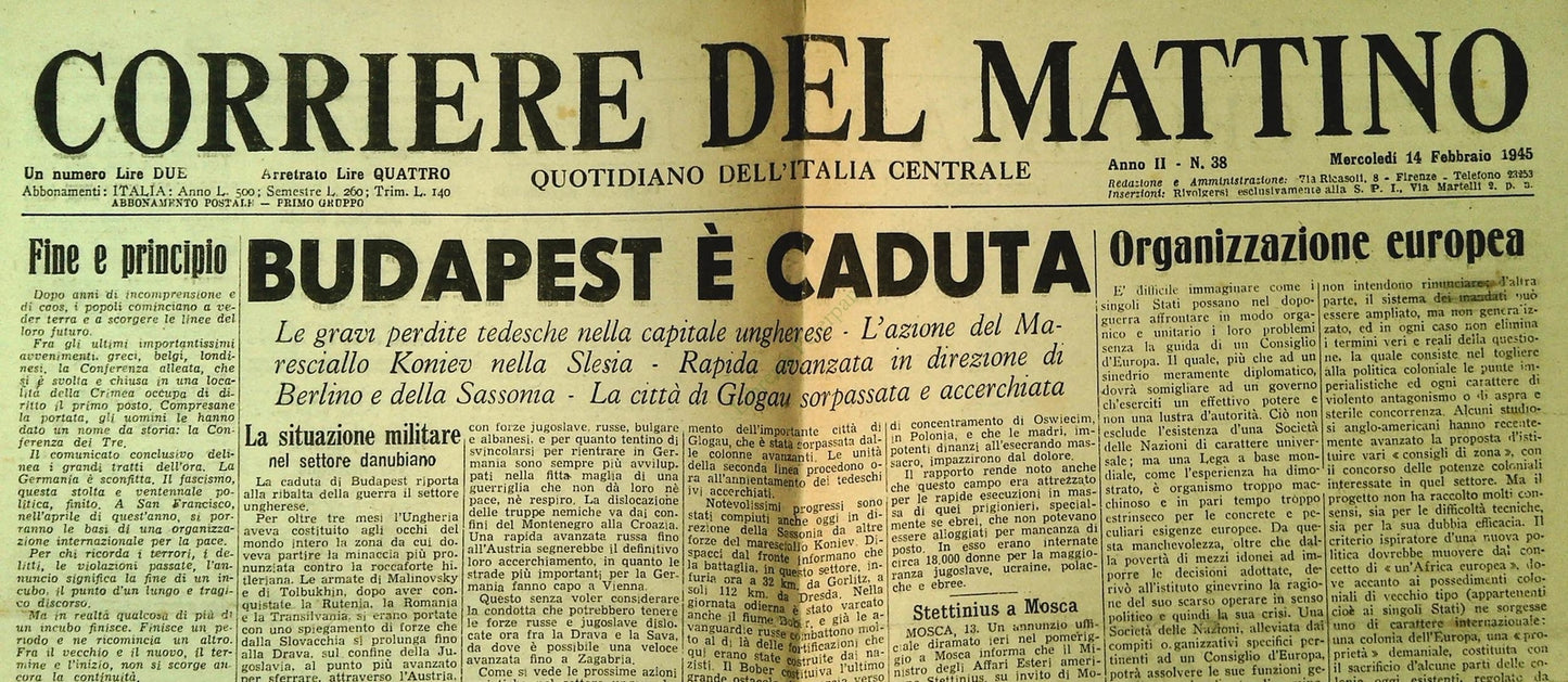 CORRIERE DEL MATTINO 14 FEBBRAIO 1945 - BUDAPEST E' CADUTA- FRONTE DI KLEVE