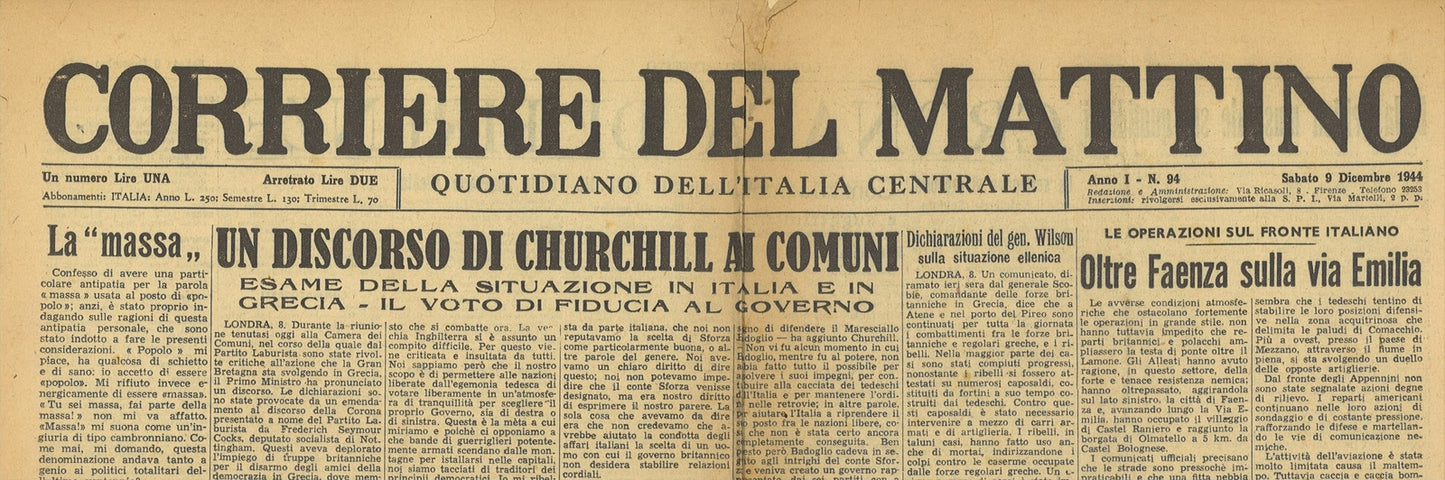 CORRIERE DEL MATTINO 9 DICEMBRE 1944 - CHURCHILL-FAENZA-BONOMI-COLMAR-BUDAPEST
