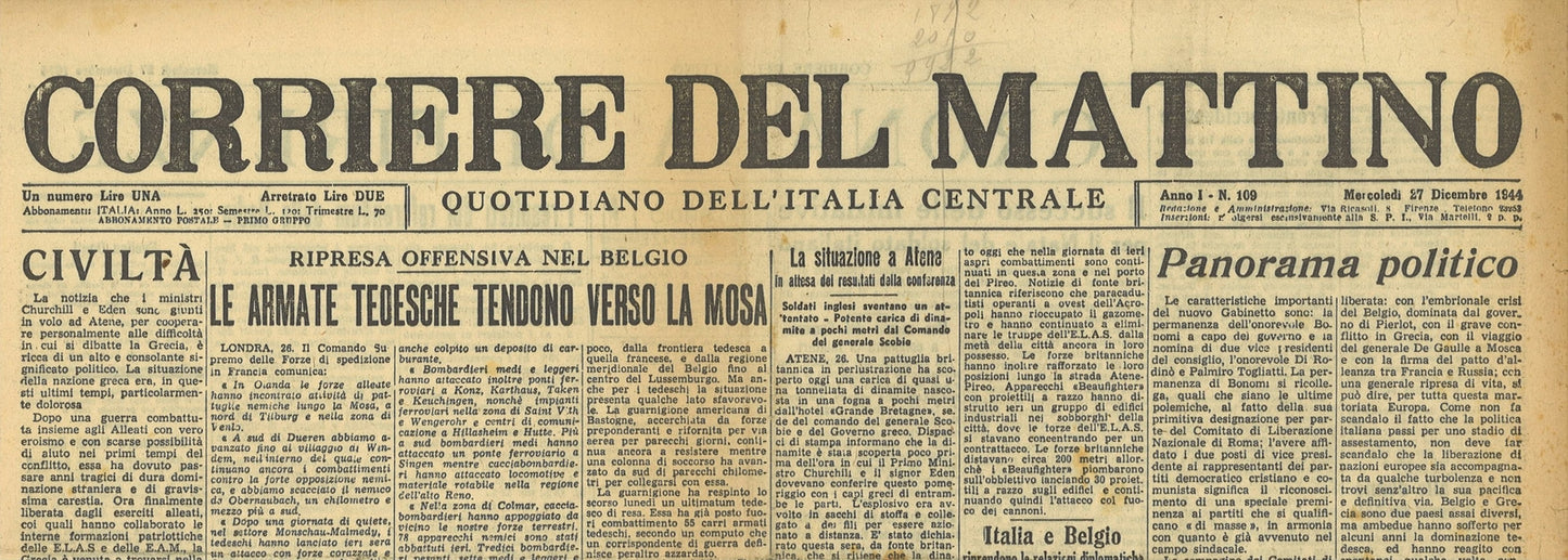 CORRIERE DEL MATTINO 27 DICEMBRE 1944 - BUDAPEST ACCERCHIATA - FRONTE DELLA MOSA