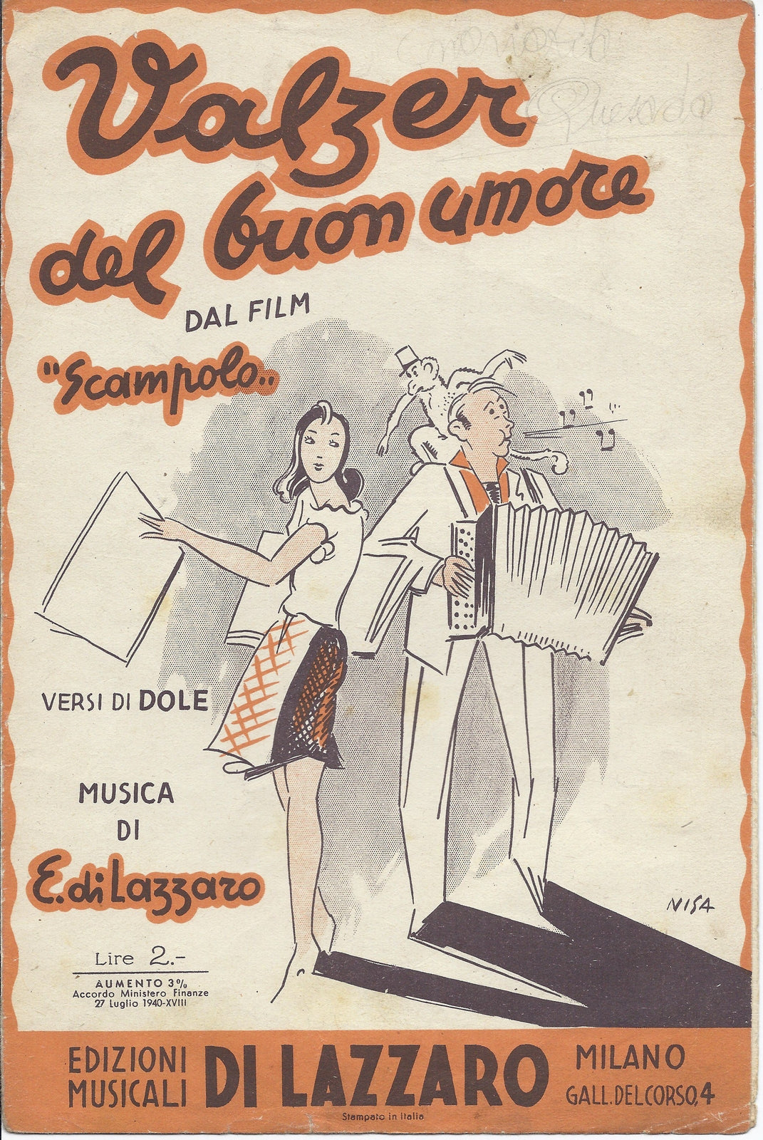 VALZER DEL BUON UMORE dal Film Scampolo Dole, Di Lazzaro -- SPARTITO