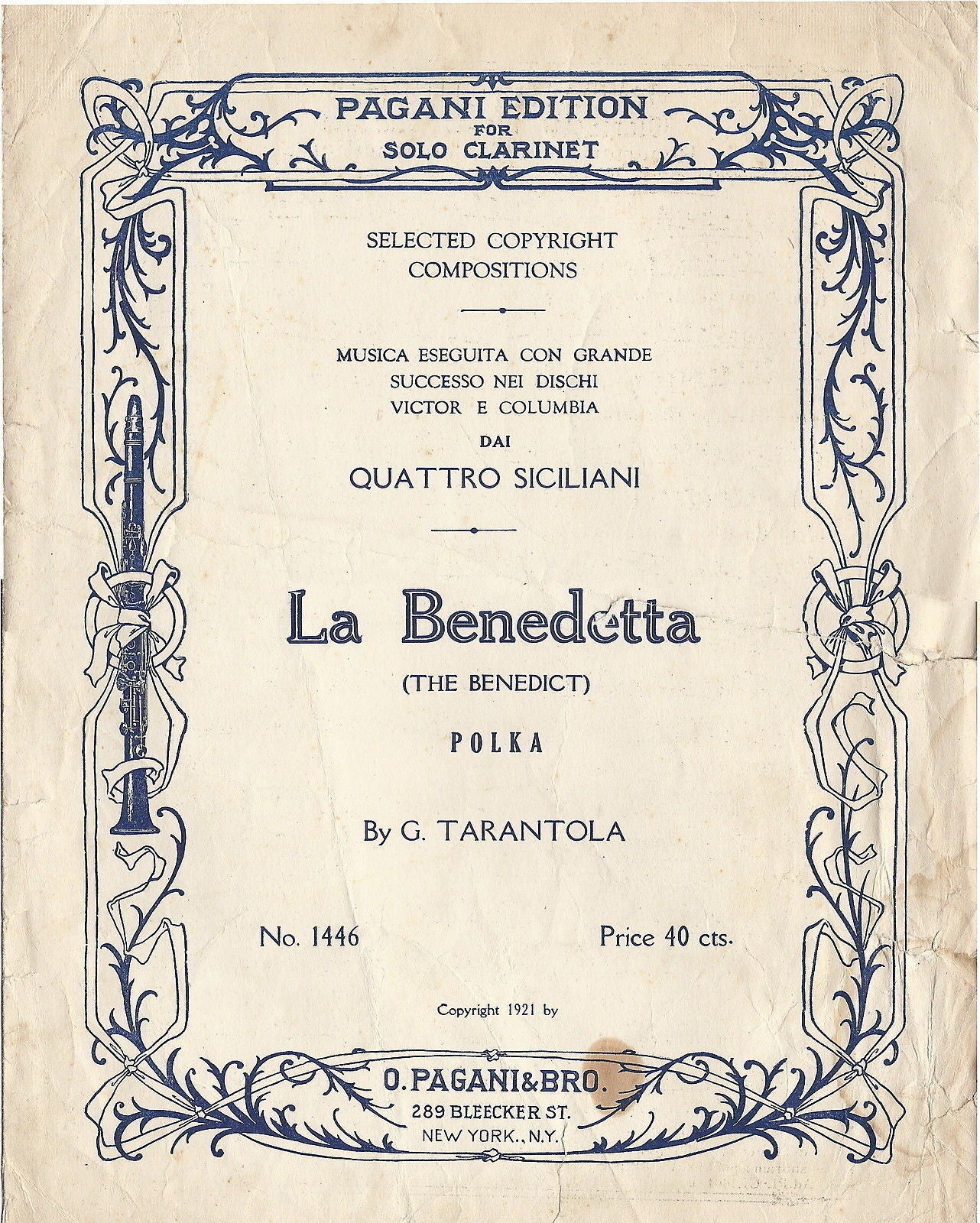 LA BENEDETTA (The Benedict) G. Tarantola # SPARTITO - Pagani Edition New York