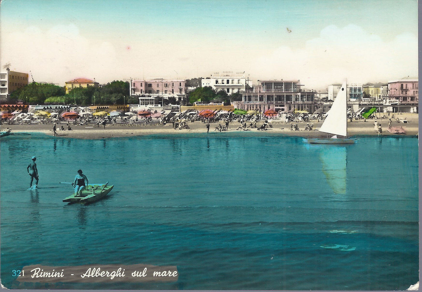 RIMINI - ALBERGHI SUL MARE - V 1959 - FG - acquerellata - an