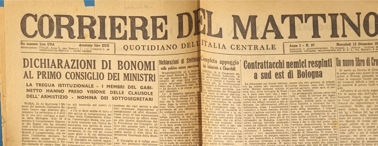 CORRIERE DEL MATTINO 13 DICEMBRE 1944 - BOLOGNA - BONOMI - ATENE