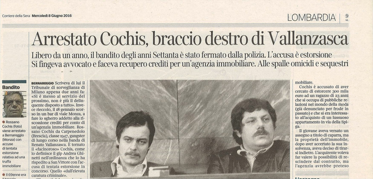 ARRESTATO COCHIS BRACCIO DESTRO DI VALLANZASCA - CLIPPING-RITAGLIO DI GIORNALE,