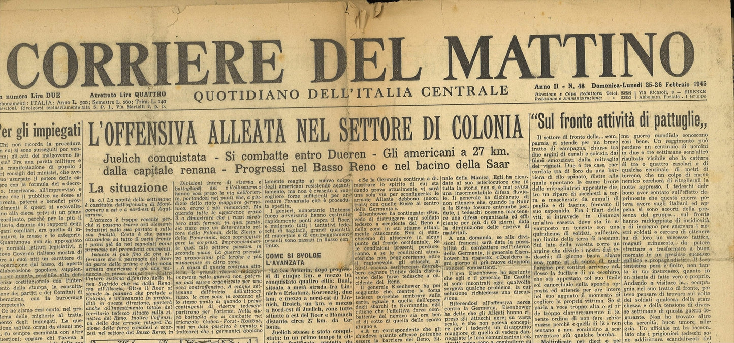 IL CORRIERE DEL MATTINO 25-26 FEBBRAIO 1945 -OFFENSIVA ALLEATA SU COLONIA