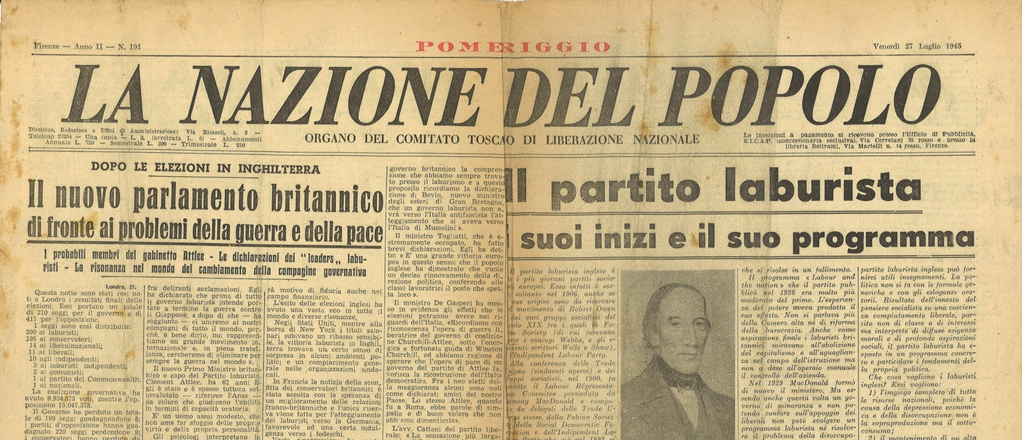 LA NAZIONE DEL POPOLO 27 LUGLIO 1945 - PARLAMENTO BRITANNICO-TRATTATIVE GIAPPONE