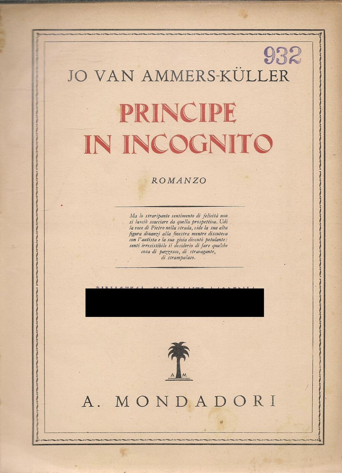 IL PRINCIPE IN INCOGNITO - JO VAN AMMERS-HULLER - MONDADORI 1938