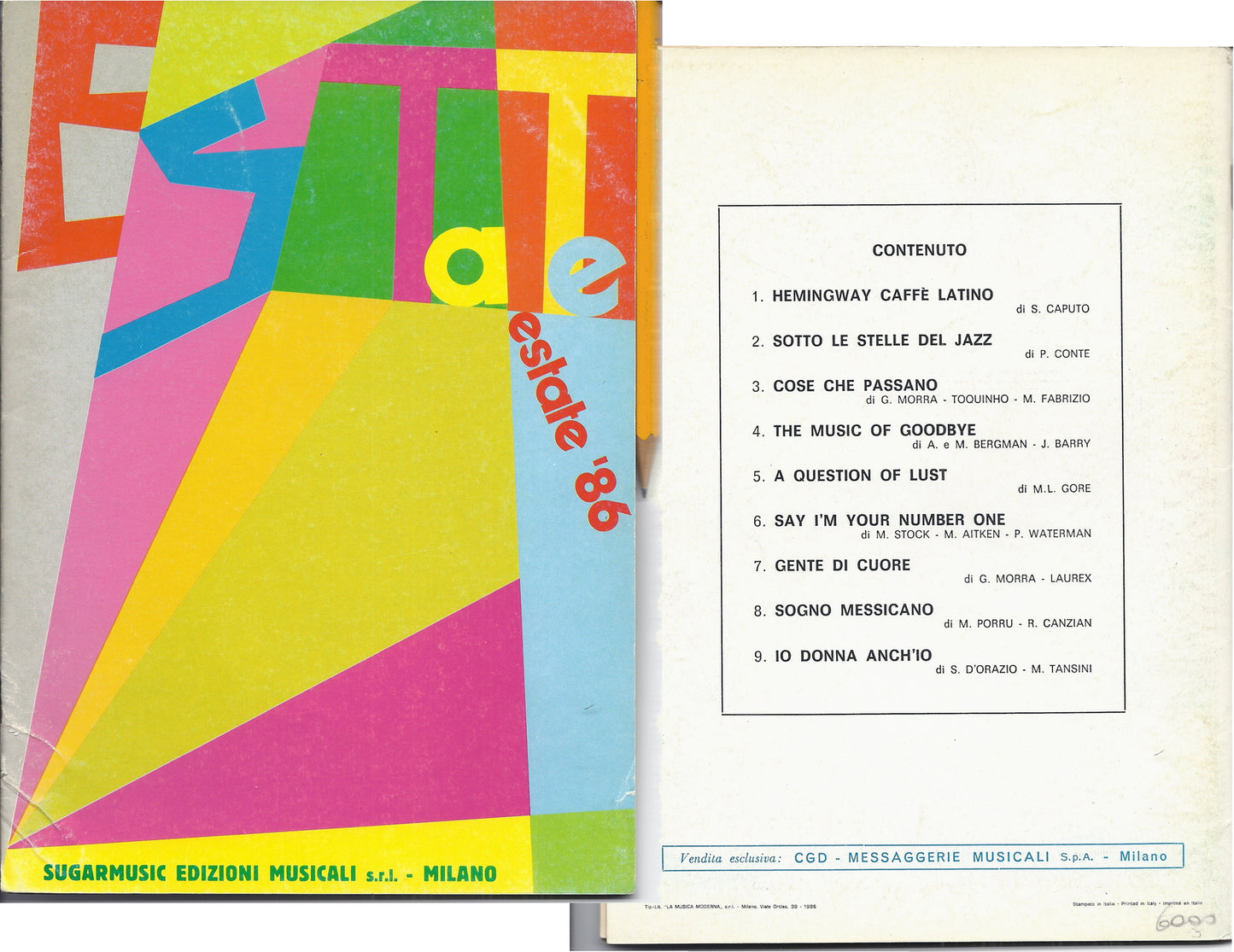 ESTATE 1986 SUGARMUSIC -- SPARTITO - 10 Brani