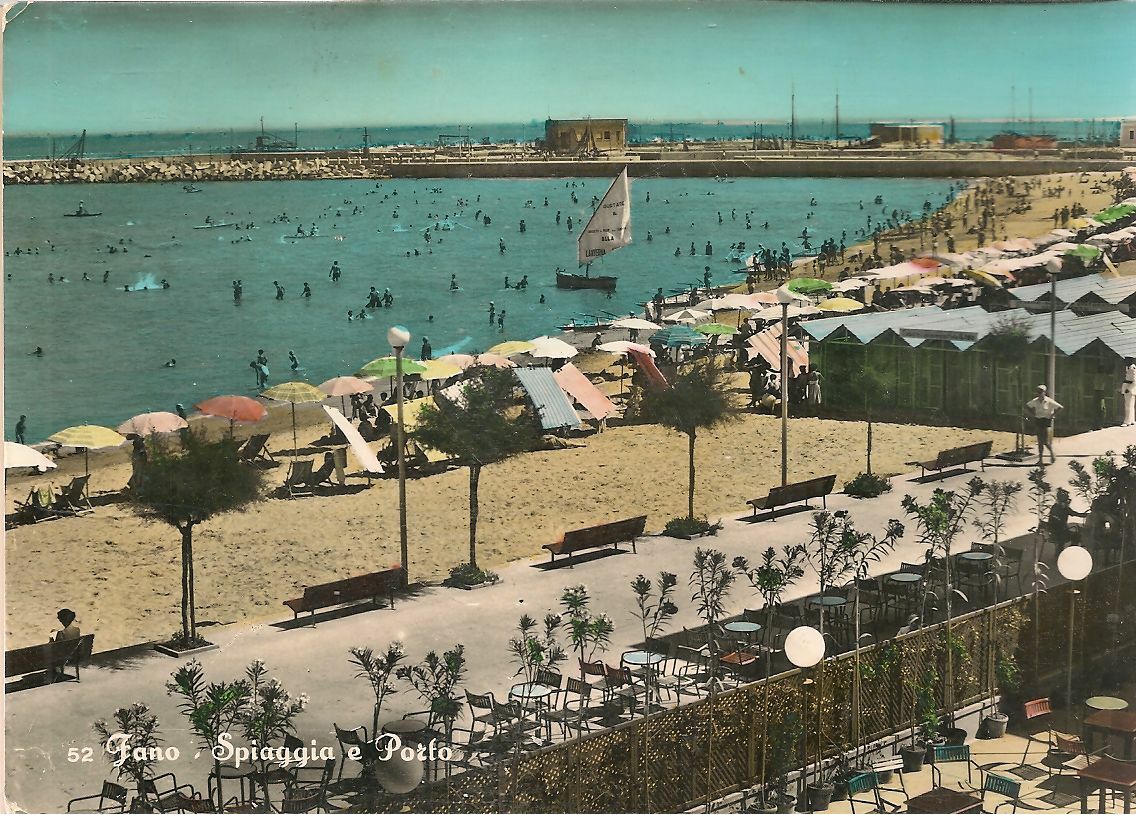 FANO - SPIAGGIA E PORTO - V1956 - ACQUARELLATA