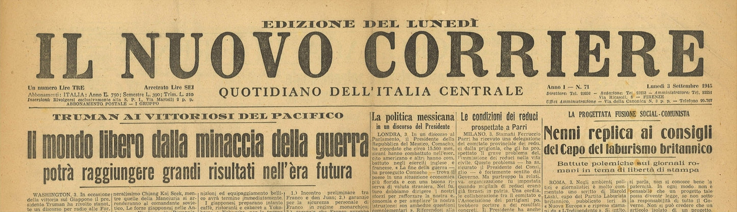 CORRIERE DEL MATTINO 3 SETTEMBRE 1945 - TRUMAN - NENNI