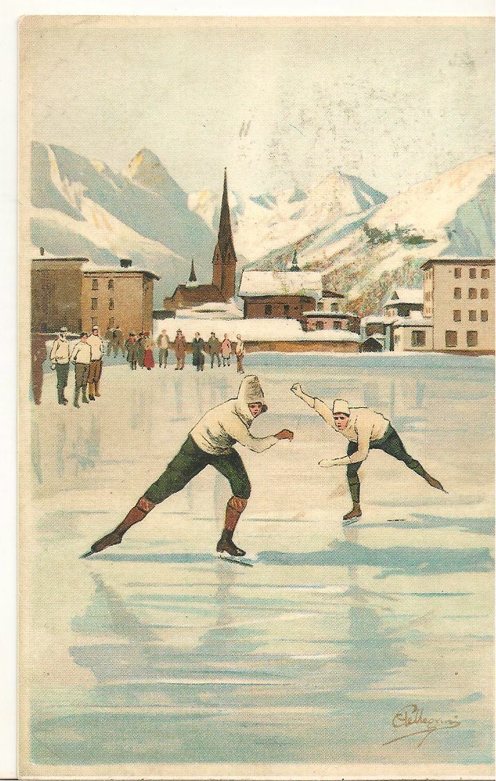 CARTOLINA TEMATICA INVERNALE - PATTINATORI SU GHIACCIO - NV