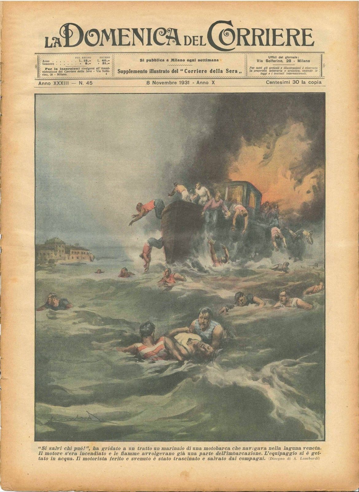 DOMENICA DEL CORRIERE N 45 - 6 NOVEMBRE 1931 - ILL .A. LOMBARDI