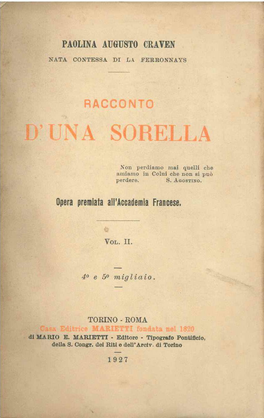 RACCONTO D'UNA SORELLA - PAOLINA AUGUSTO CRAVEN