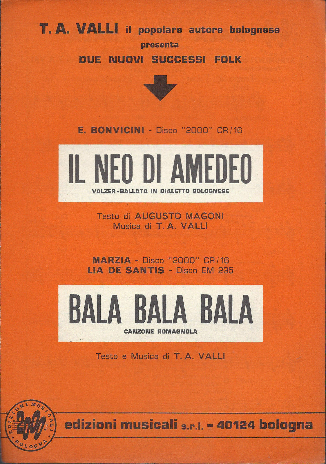 IL NEO DI AMEDEO A. Magoni-T.A. Valli - BALA BALA BALA T.A. Valli - SPARTITO