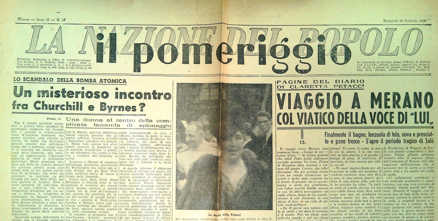 LA NAZIONE DEL POPOLO POMERIGGIO 20 FEBBRAIO 1946 - DIARIO CLARETTA PETACCI