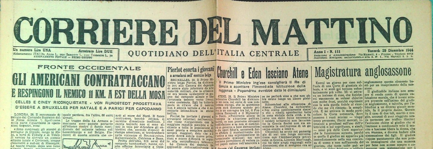 CORRIERE DEL MATTINO 29 DICEMBRE 1944-CONTRATTACCO MOSA - -BUDAPEST IN FIAMME