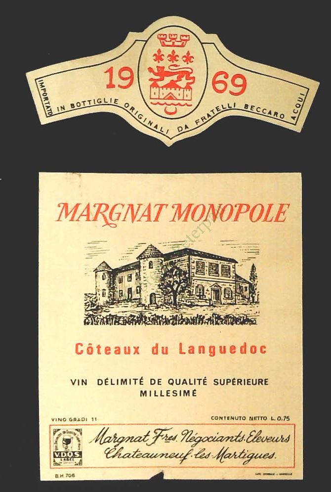 MARGNAT MONOPOLE COTEAUX DU LANGUEDOC 1969 - ETICHETTA VINO