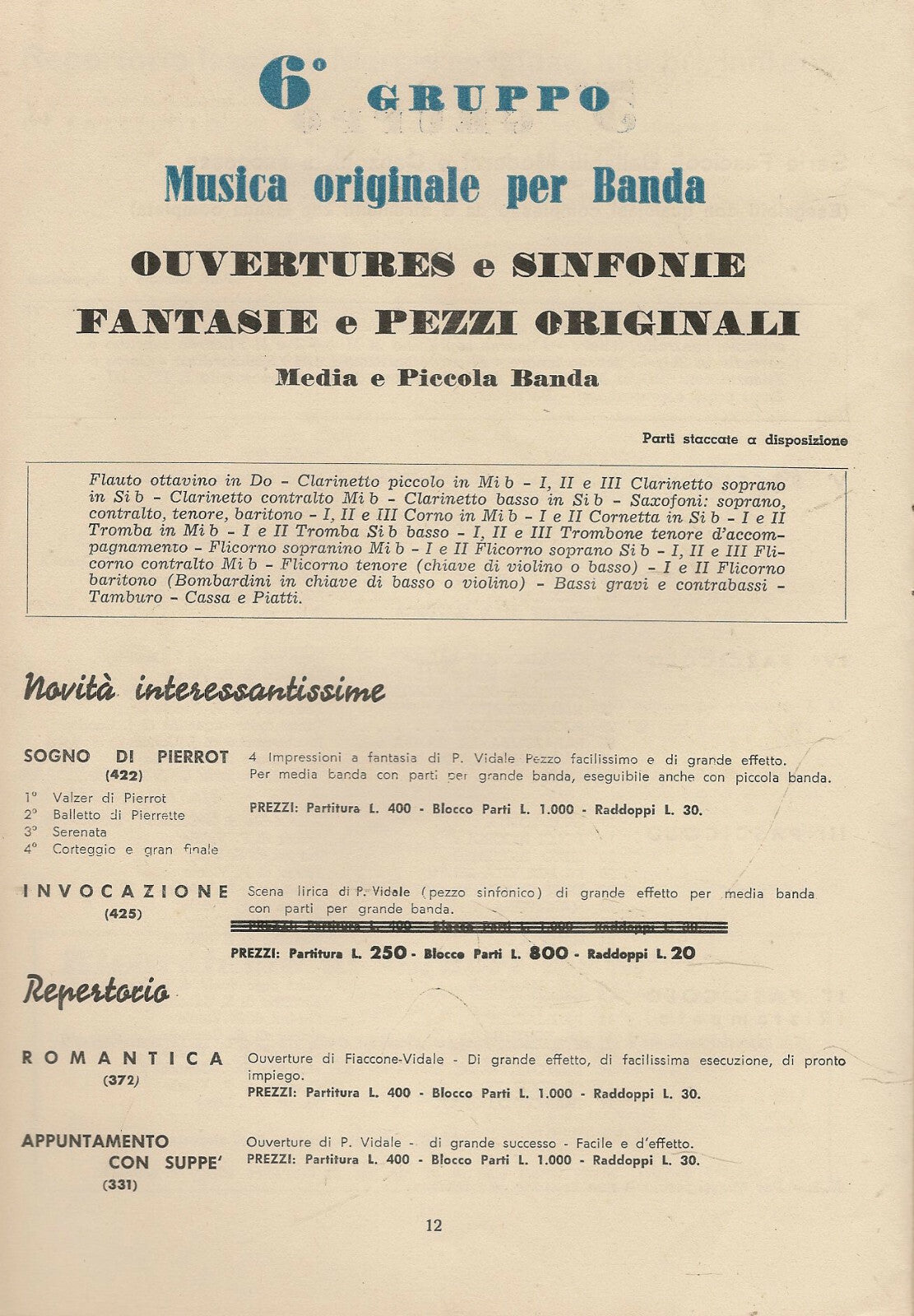 LISTINO - CATALOGO SPARTITI VIDALE 1957 - REPARTO BANDA