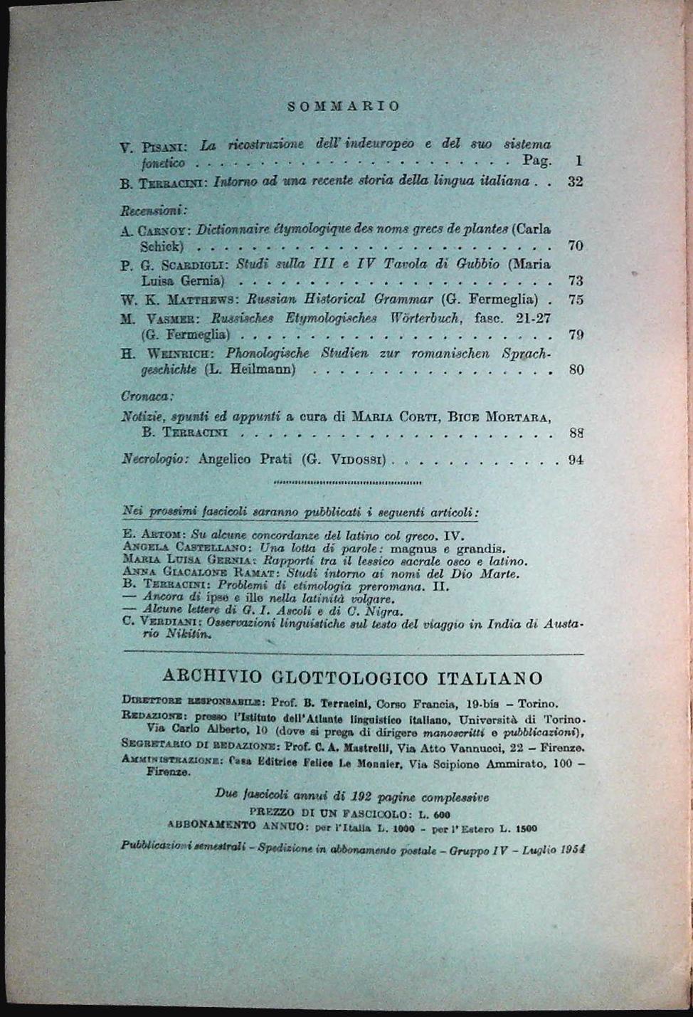 ARCHIVIO GLOTTOLOGICO ITALIANO - VOLUME XLVI FASCICOLO 1 - 1961