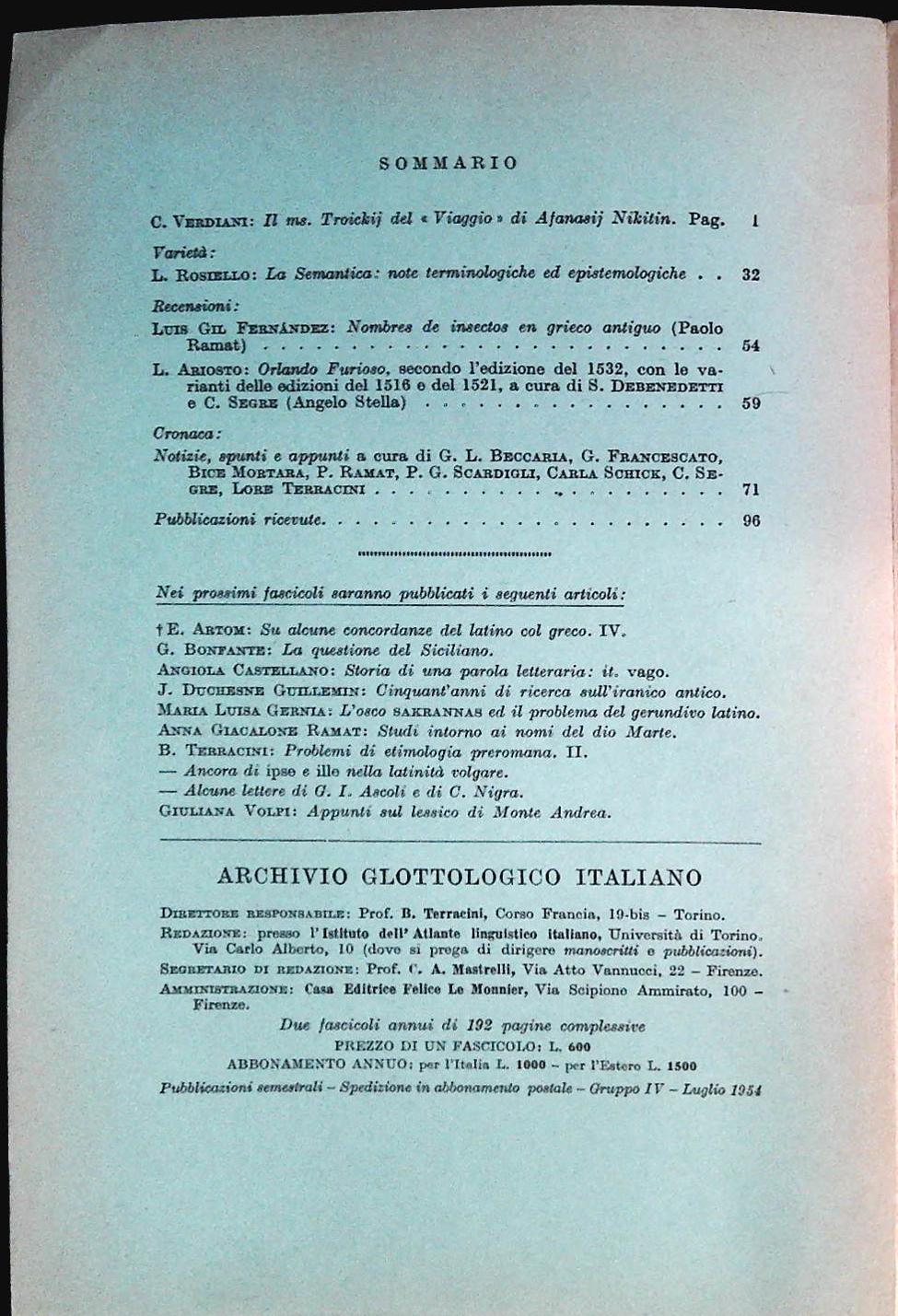 ARCHIVIO GLOTTOLOGICO ITALIANO - VOLUME XLVII FASCICOLO 1 - 1962