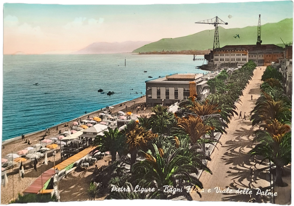 PIETRA LIGURE - BAGNI FLORA E VIALE DELLE PALME - V1956 - FG - ACQUARELLATA