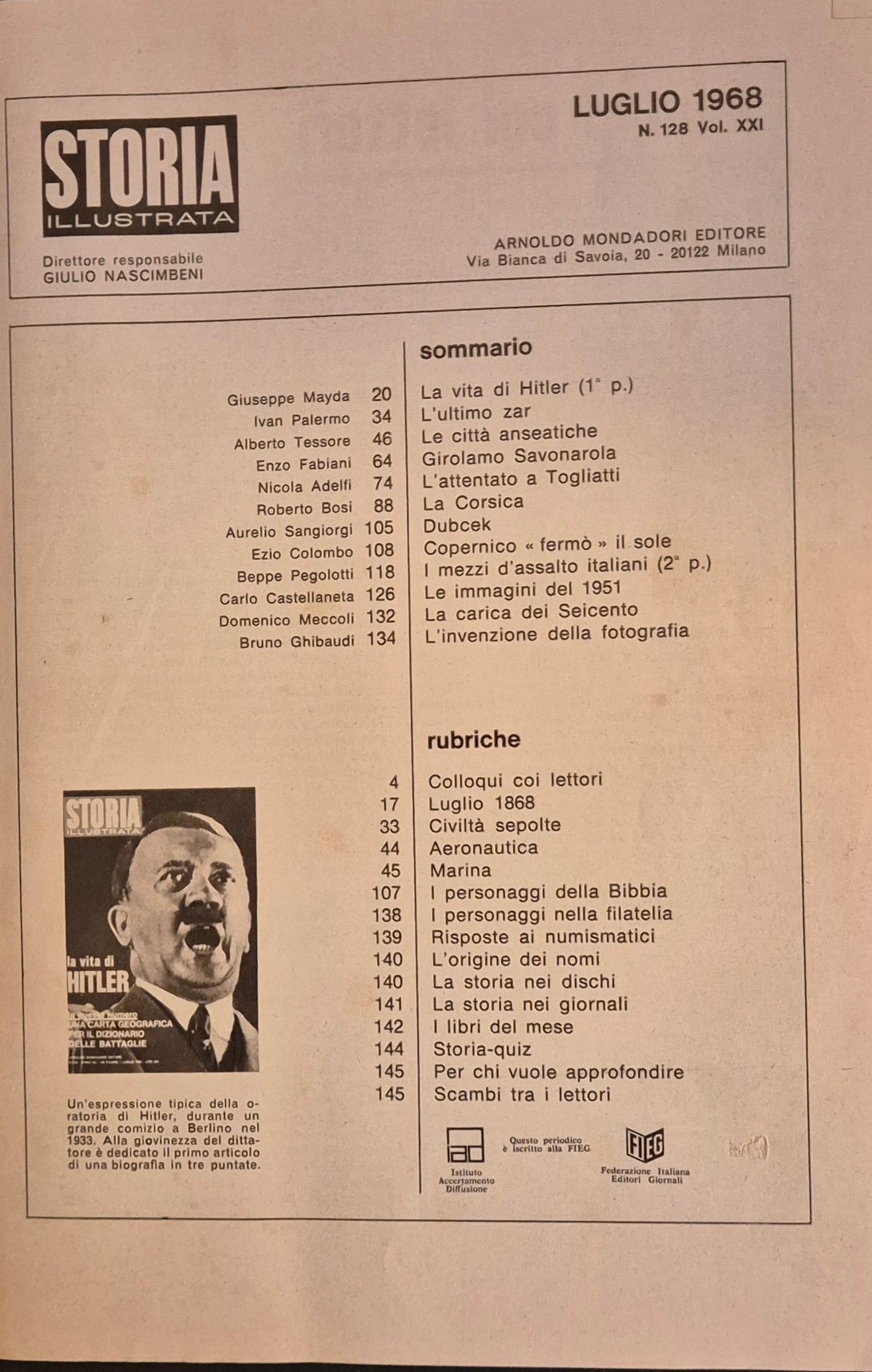 STORIA ILLUSTRATA N. 128 LUGLIO 1968 - LA VITA DI HITLER