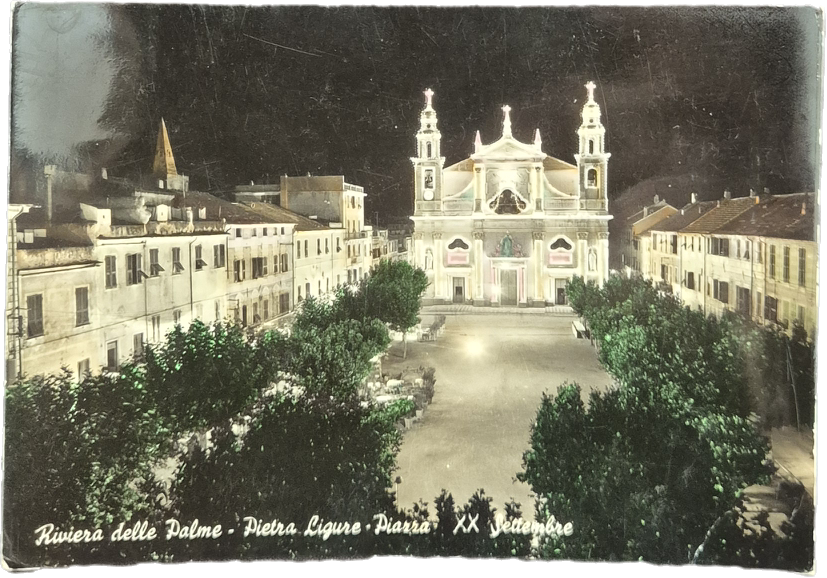 PIETRA LIGURE - PIAZZA XX SETTEMBRE NOTTURNO - V1955 - FG - ACQUARELLATA