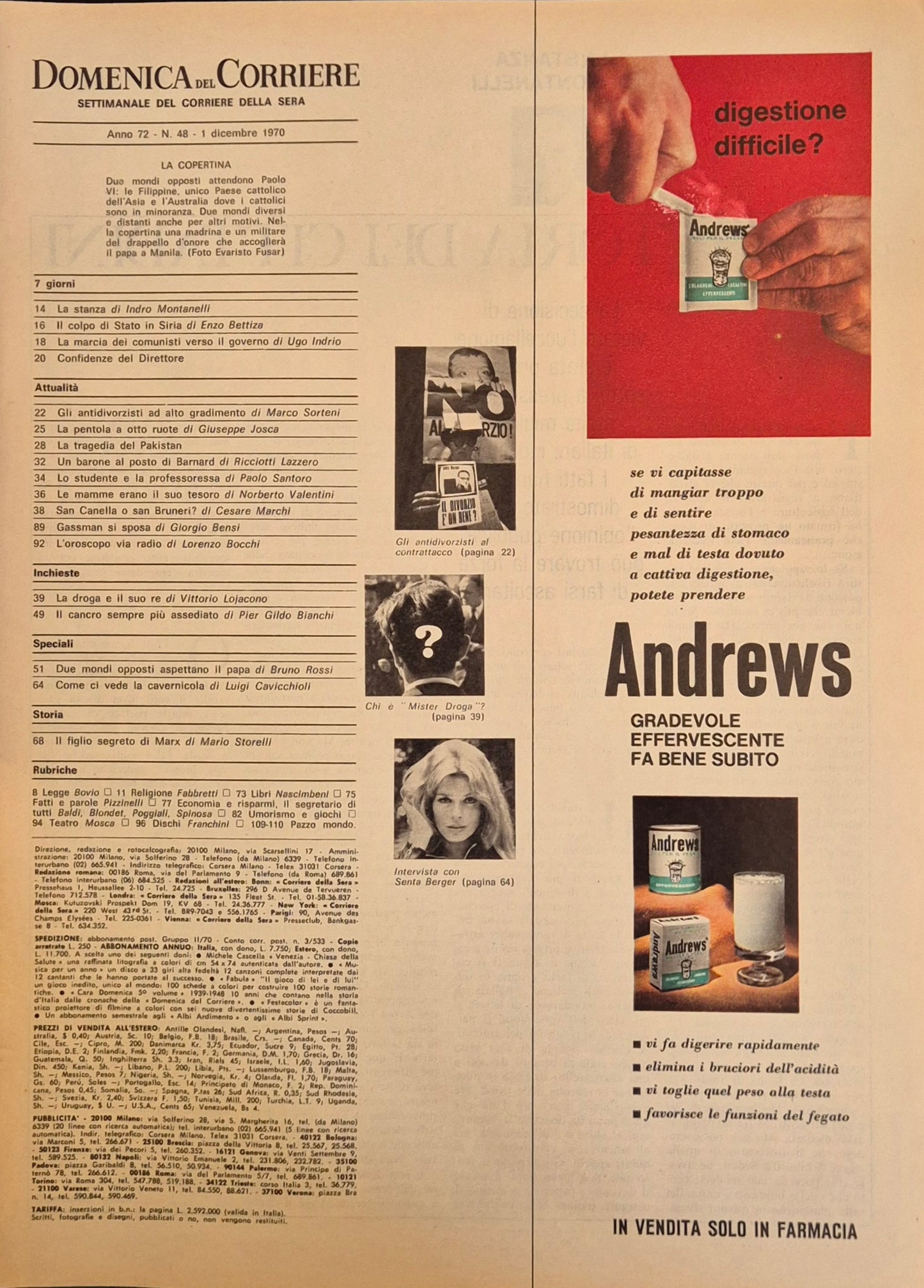 DOMENICA DEL CORRIERE 1 DICEMBRE 1970 - PAPA FILIPPINE E AUATRALIA