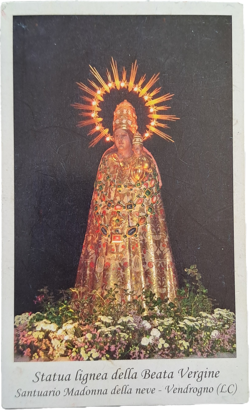 STATUA LIGNEA BEATA VERGINE-SANTUARIO MADONNA NEVE VENDROGNO-HOLY CARD