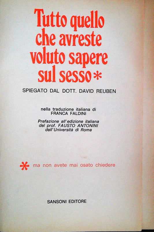 TUTTO QUELLO CHE AVRESTE VOLUTO SAPERE SUL SESSO -D.  REUBEN-1970 - OUTLET
