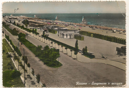 RICCIONE - LUNGOMARE E SPIAGGIA V1956 - ACQUARELLATA