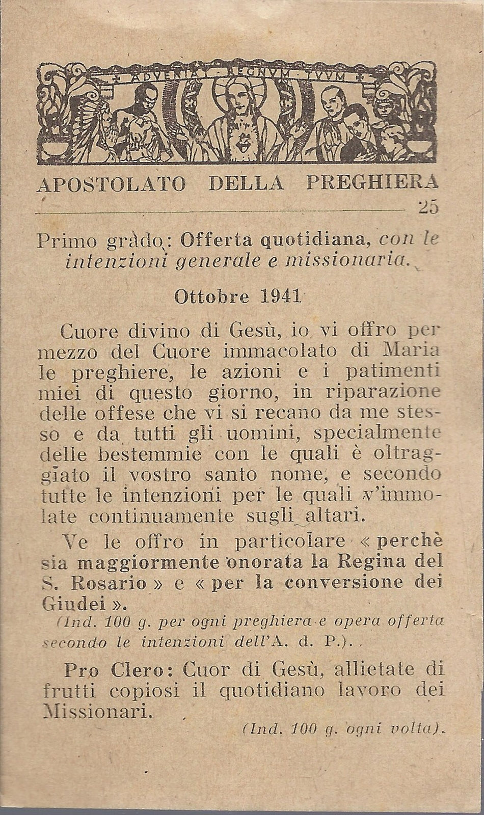 APOSTOLATO DELLA PREGHIERA - ottobre 1941 - SANTINO A LIBRET