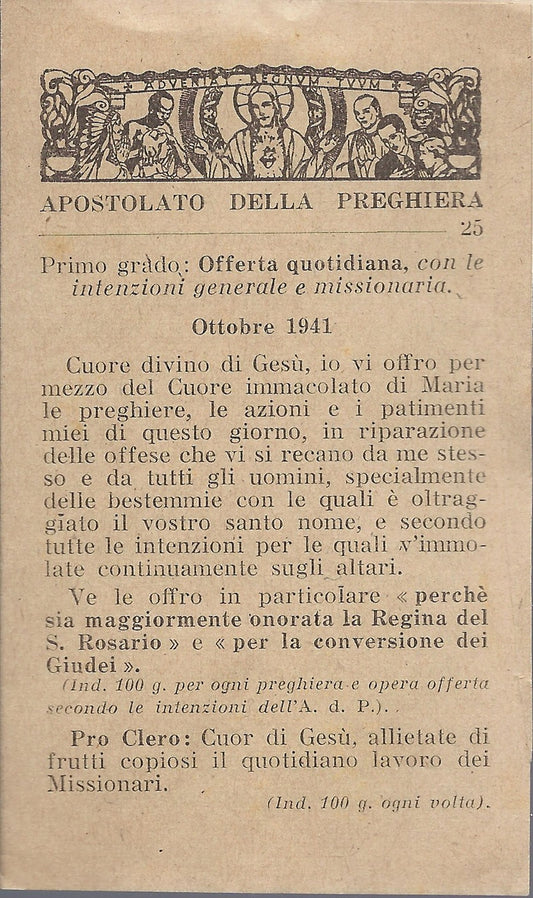 APOSTOLATO DELLA PREGHIERA - ottobre 1941 - SANTINO A LIBRET