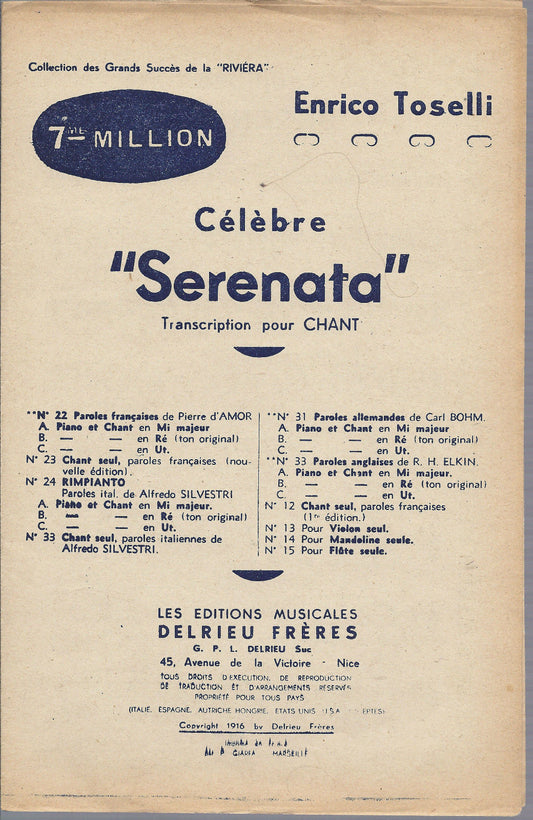 SERENATA (Pierre D'Amor - Enrico Toselli) # SPARTITO - Canto