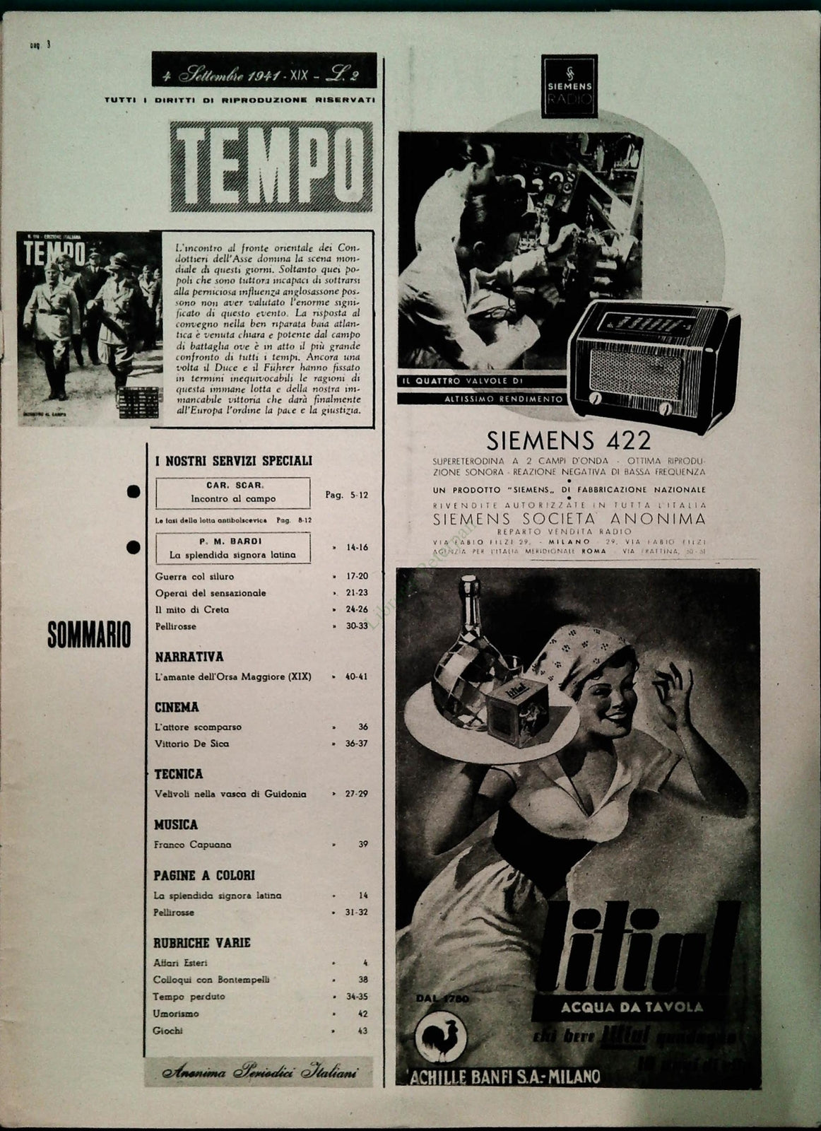 TEMPO N. 119 - 4-11 SETTEMBRE 1941 - INCONTRO AL CAMPO - GUERRA COL SILURO