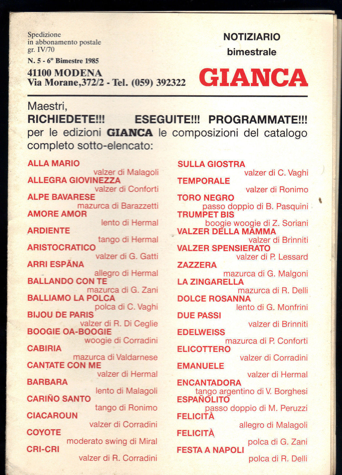 NOTIZIARIO GIANCA N° 5 - 6° BIMESTRE 1985 - 4 BRANI # SPARTITO