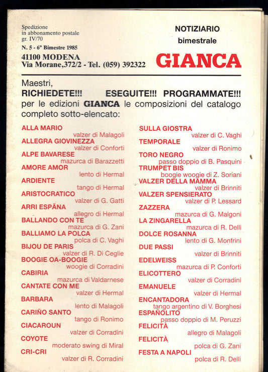 NOTIZIARIO GIANCA N° 5 - 6° BIMESTRE 1985 - 4 BRANI # SPARTITO