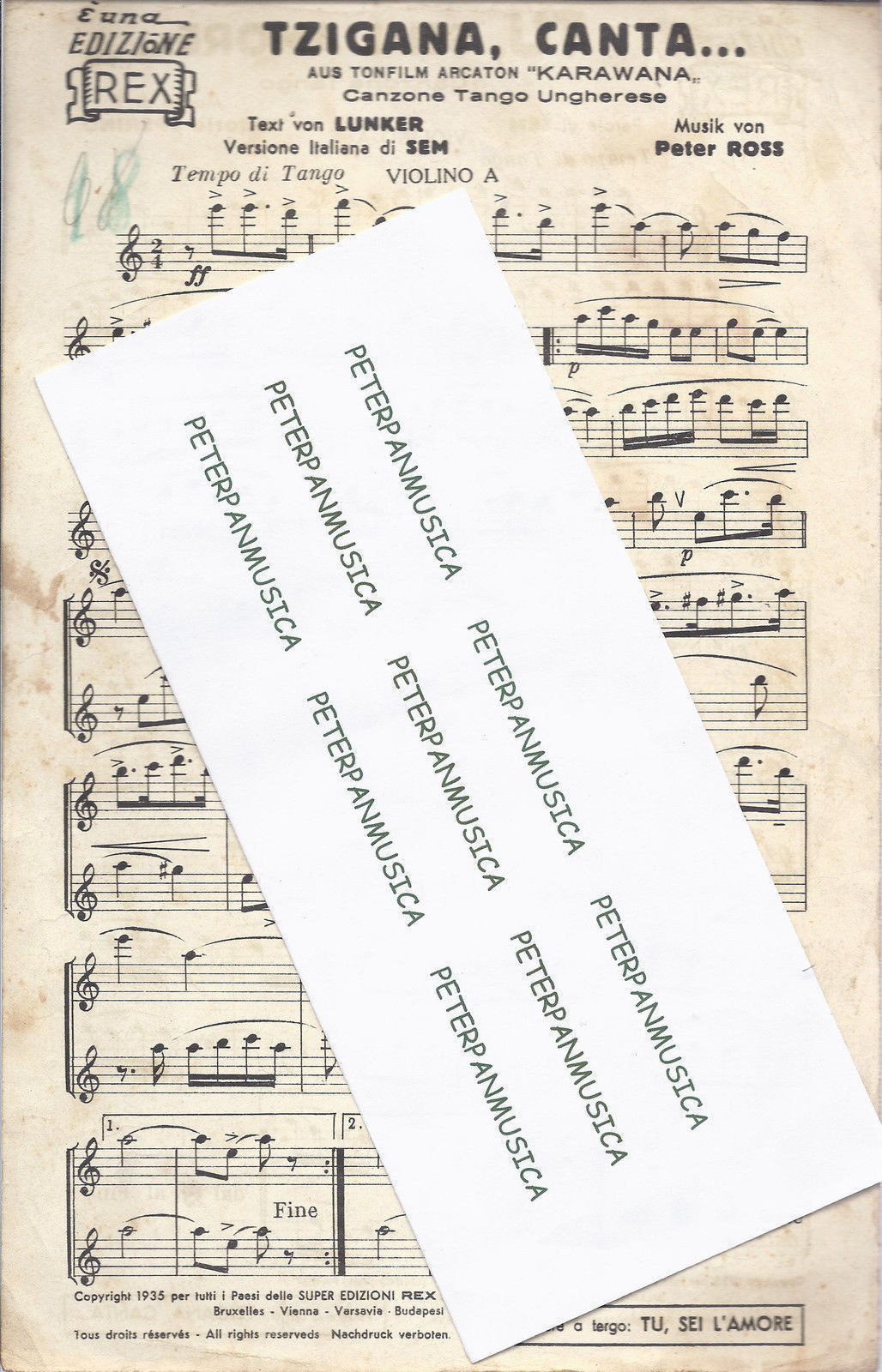 TZIGANA, CANTA...  Peter Ross - TU, SEI L'AMORE...  Vittorio Sperino # SPARTITO