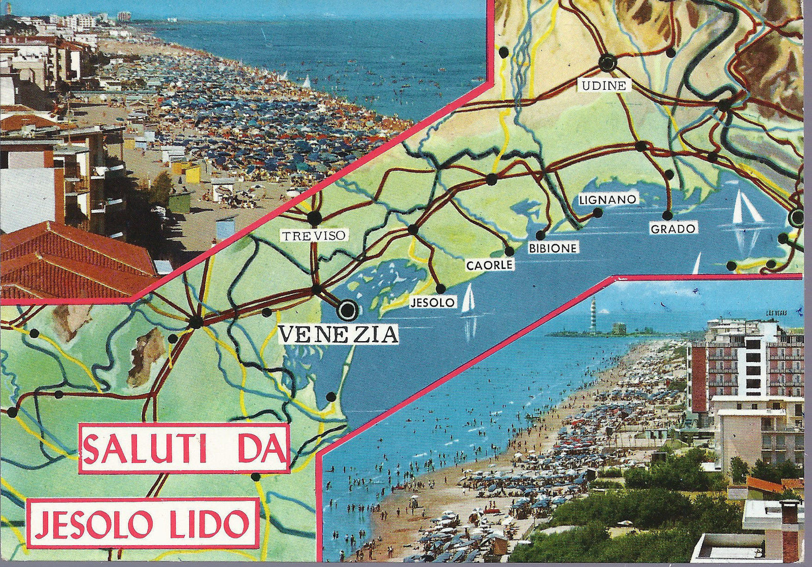 JESOLO LIDO - SALUTI - 2 VEDUTE + CARTA STRADALE - V 1966 - 